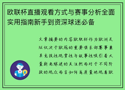 欧联杯直播观看方式与赛事分析全面实用指南新手到资深球迷必备 欧联杯直播观看方式与赛事分析全面实用指南新手到资深球迷必备